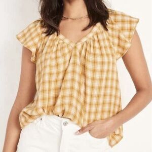 Old Navy Shirt Women L Yellow Check Pattern Loose Flutter Sleeve Baby Doll Gauzy